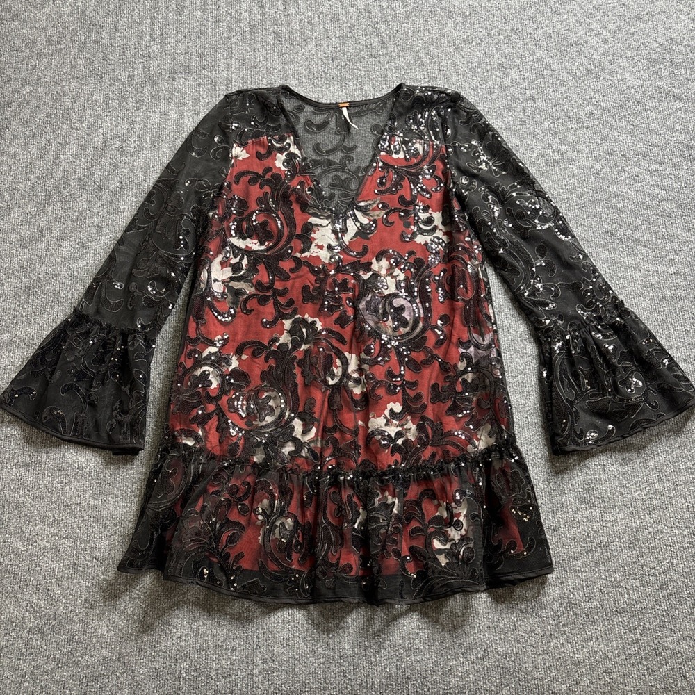 Free People Falling Flowers Frock Mini Dress Red Black Sequins Oversized Size XS